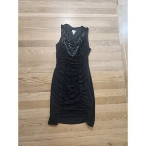 Vtg Cache XS Black Sleveless mini dress Bodycon Y2K 90s Beaded Chain Cocktail